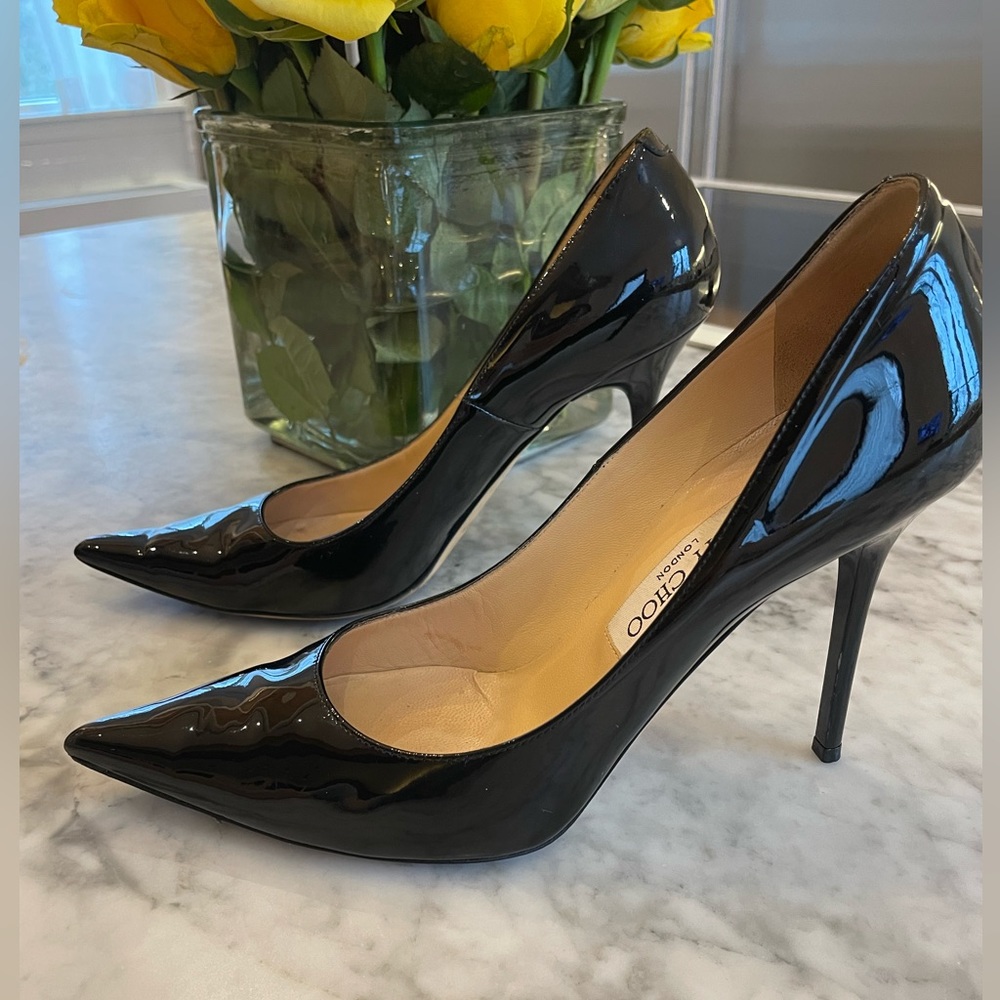 Jimmy Choo size 37 1/2 black patent leather 100 mm heel